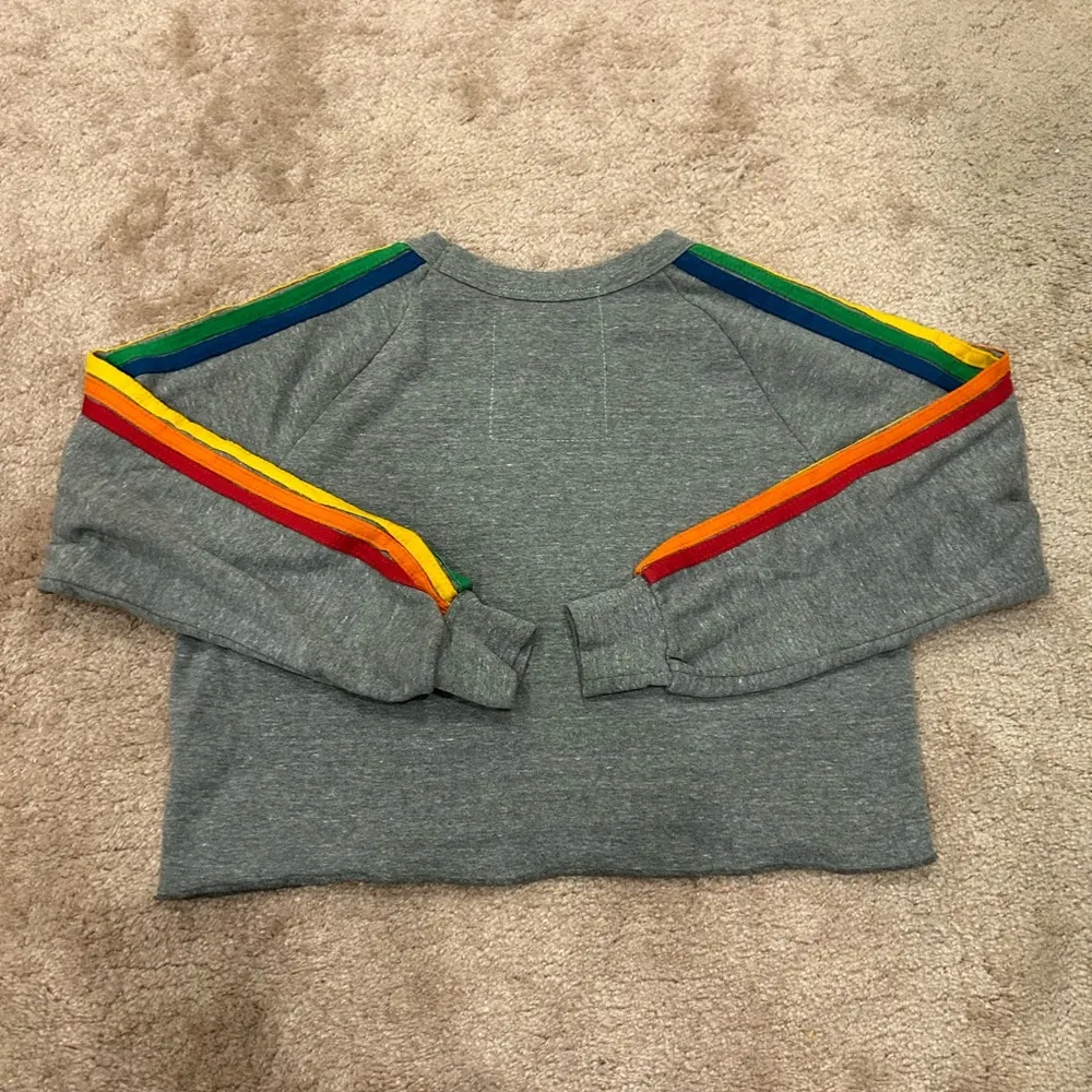 Aviator Nation Heather Grey Rainbow 5 Stripe Cropped Crewneck - Image 5