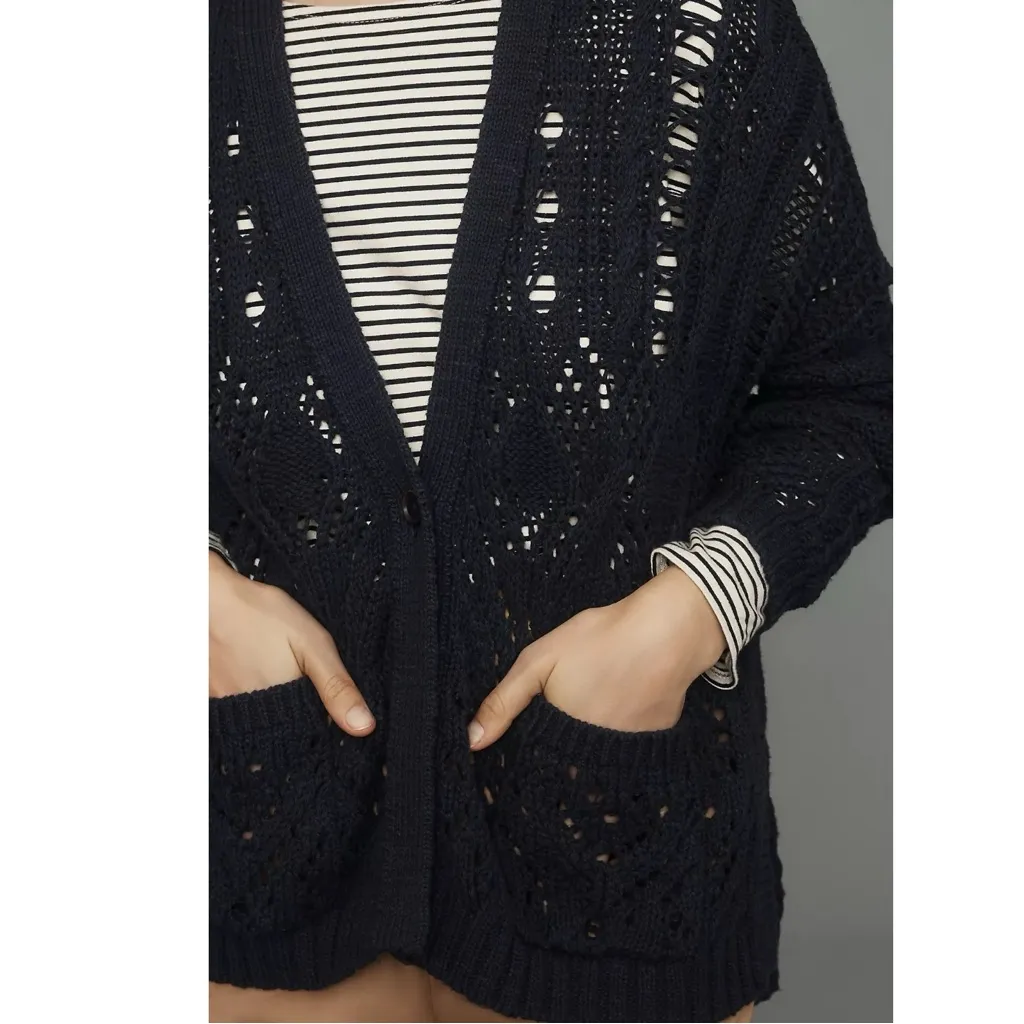 Anthropologie Pilcro Oversized Open Stitch Knit Cardigan Sweater Navy Large - Image 4