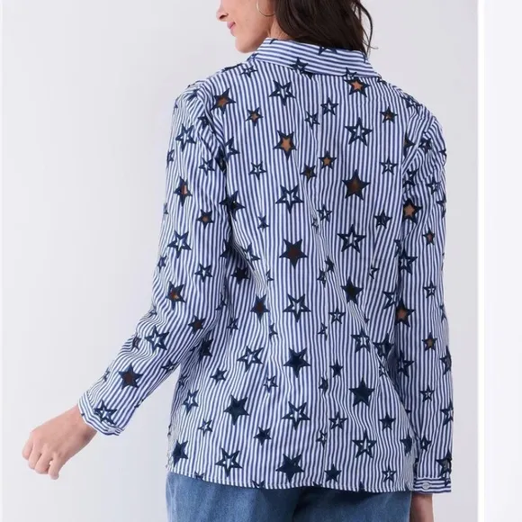 Striped Cut-Out Star Embroidery Long Sleeve Button up Shirt blue size M - Image 2