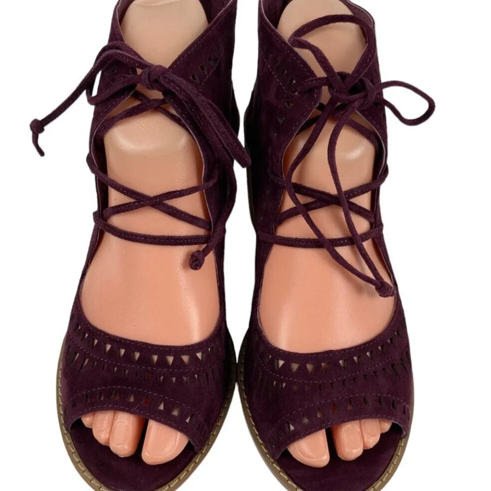 Vince Camuto Tarita Cut Out Lace Up Burgundy Suede Open Toe Heeled Bootie Size 6 - Image 8