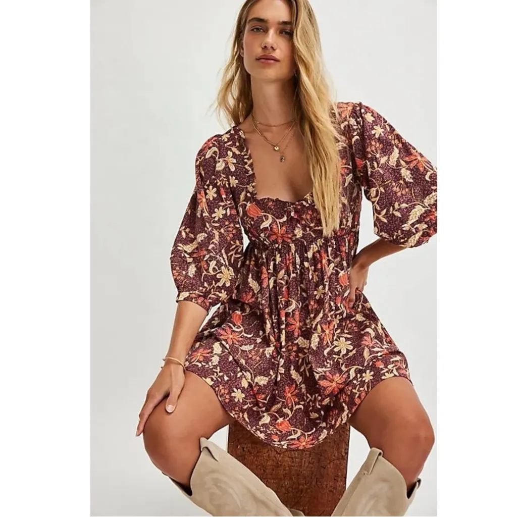 Free People Western Bohemian Dainty Lola Mini Dress Mocha Combo Medium Floral - Image 3