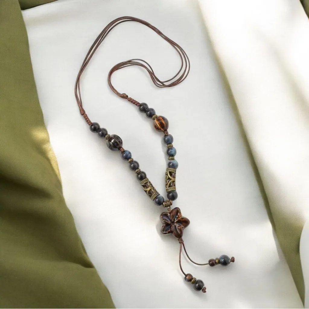 Bohemian‎ Beaded Ceramic Necklace Ethnic Style Flower Pendant Necklace Brown - Image 9