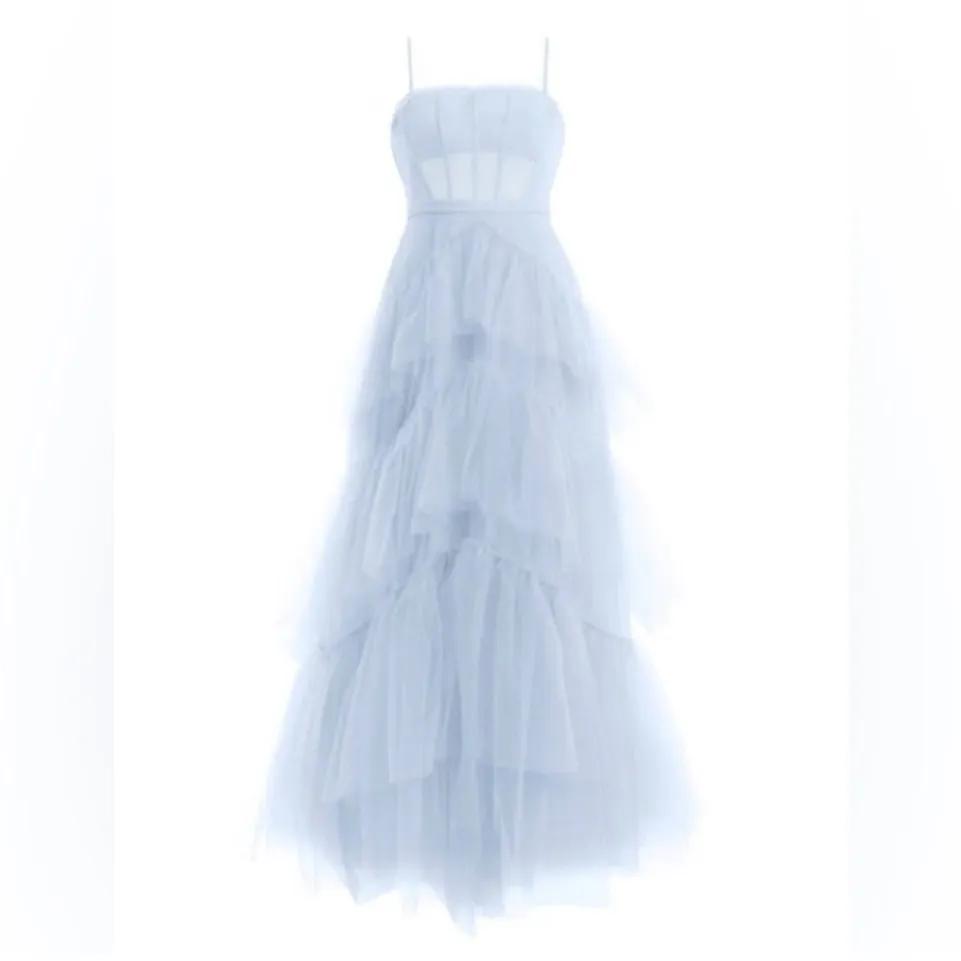 New! BCBGMAXAZRIA Sheer Tiered Ruffle Gown in Kentucky‎ Blue Sz 6 $498 - Image 4