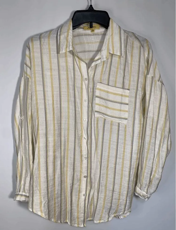 Love Notes Women’s Striped Button Down Long Sleeve Linen Shirt Multicolor Small - Image 1