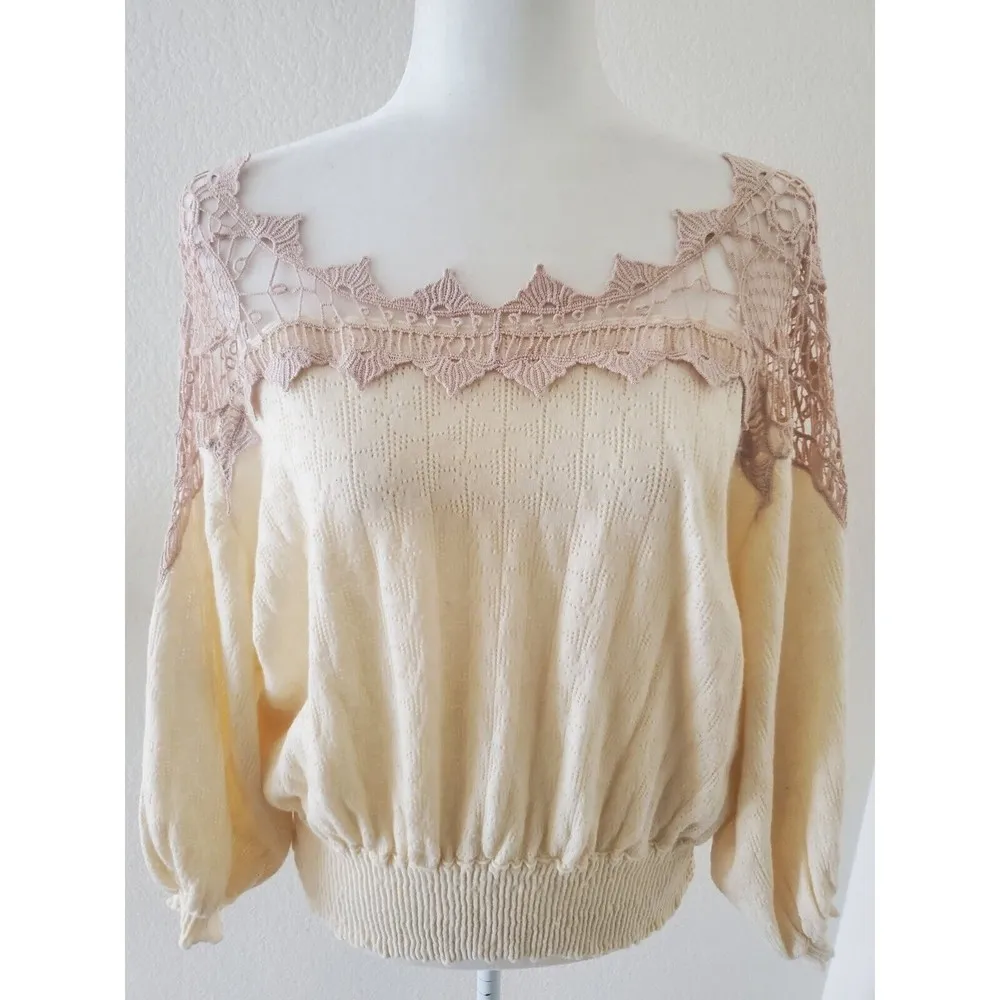 Free People Womens Crochet Lace Tunic Top Size M Boho Balloon Sleeve Cre… - Image 4
