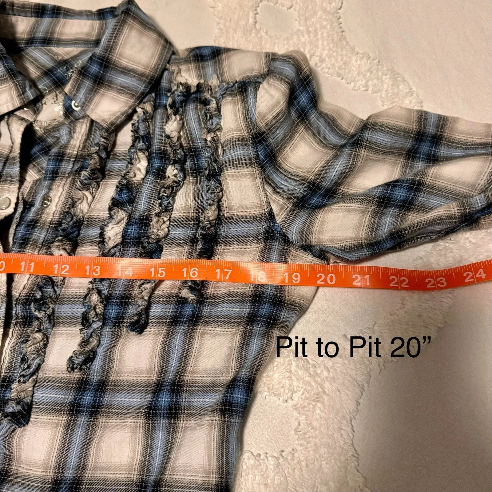 Seven7  Pleated Ruffle Blue Plaid Pearl Snap Button‎ Front Long Sleeve Top Medium - Image 8