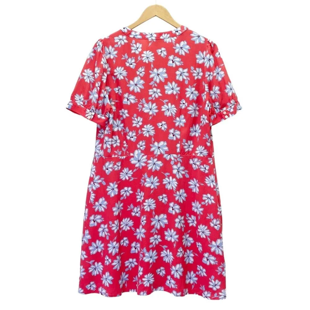 LOFT Floral Flare Retro Shirt Dress Coral Red Blue White Size 14P | 14 Petite - Image 3