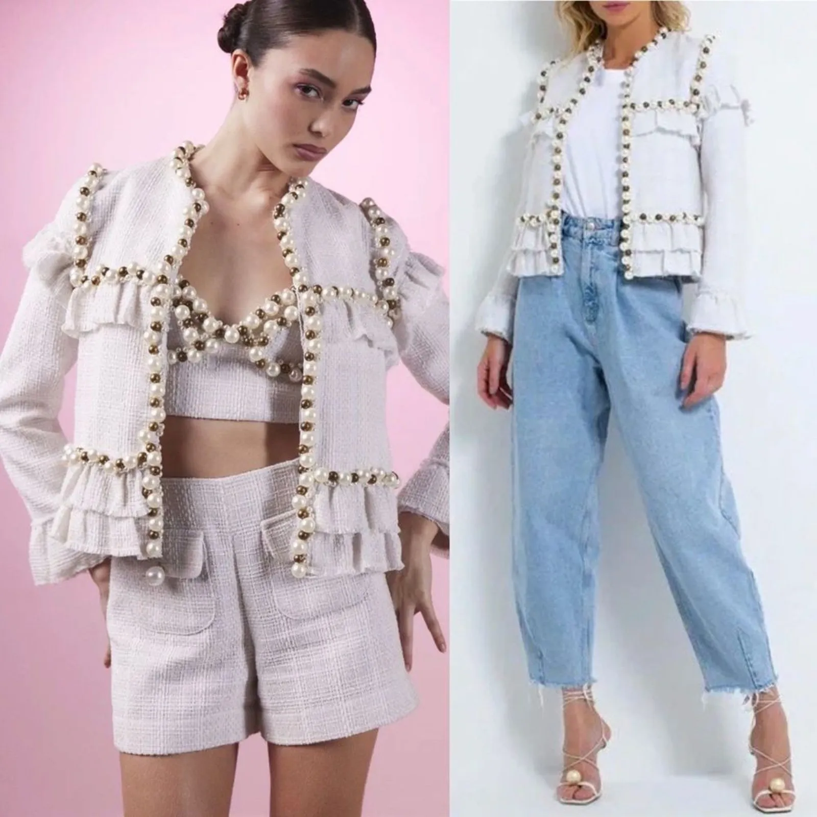 PatBO Pearl Beaded Jacket Tweed Ruffle Cream Off White Embellished Blazer Size S - Image 9