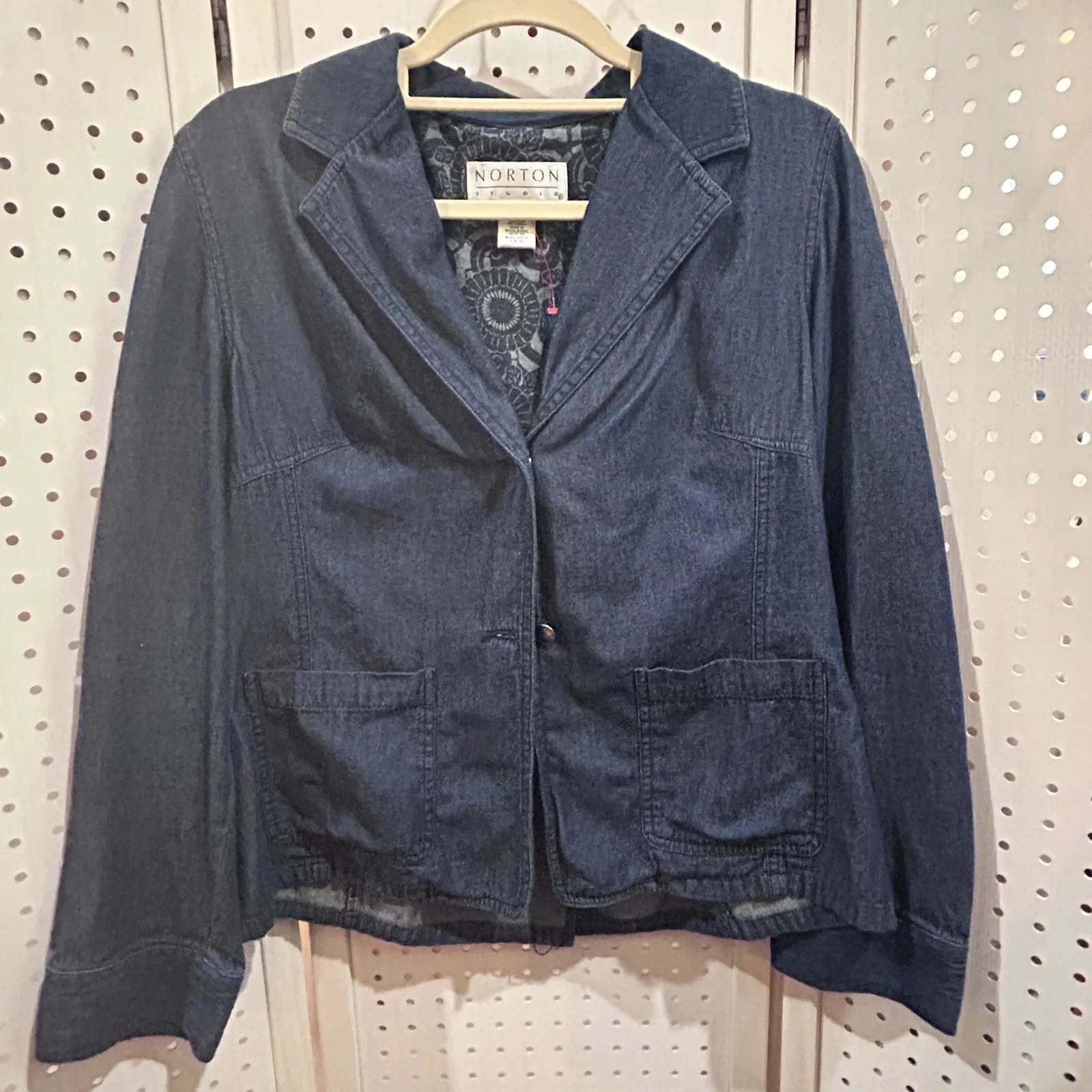 Norton Studio Women's Dark Wash Denim Blazer Jacket Size 10 Classic Button Blue - Image 2