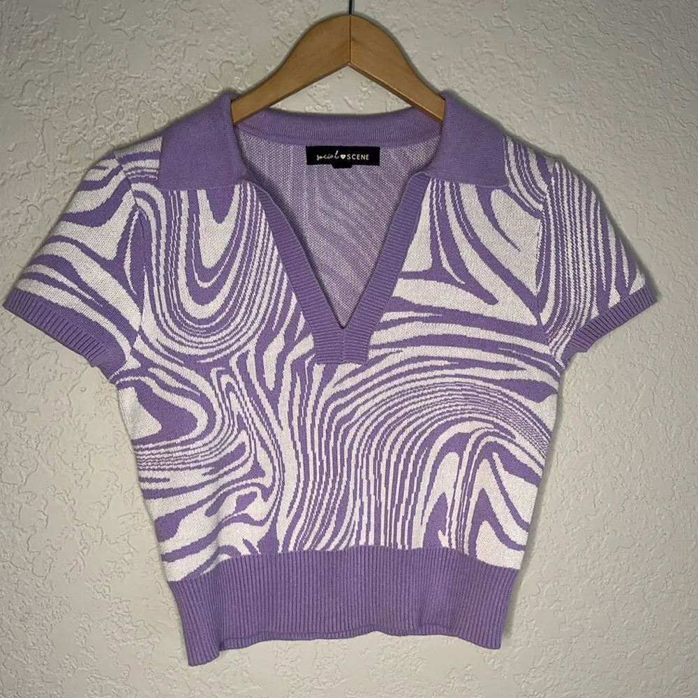 Purple Knit Crop Sweater Top Y2K Summer Groovy Swirly 70s Print Festival Large - Image 2