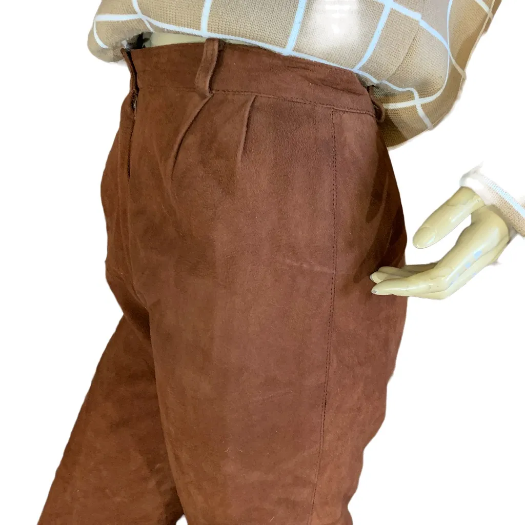 VINTAGE 1980'S SIENNA BROWN ARTISAN WEAR SUEDE PLEATED TROUSERS (XS) - Image 9
