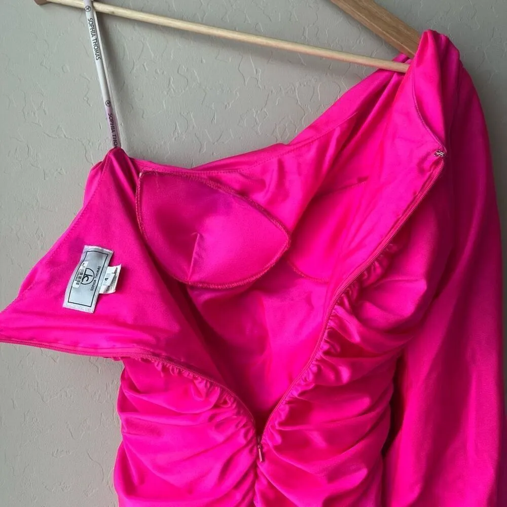 Sophia Thomas 8521 Hot Pink‎ Ruched One Shoulder Rhinestone Cuff Mini Dress Sz 4 Pink - Image 9