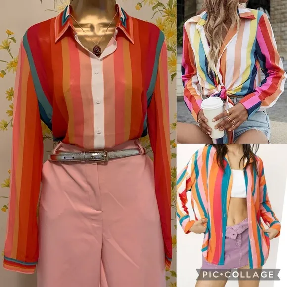 Striped button down shirt pink stripe size L Size L - Image 2