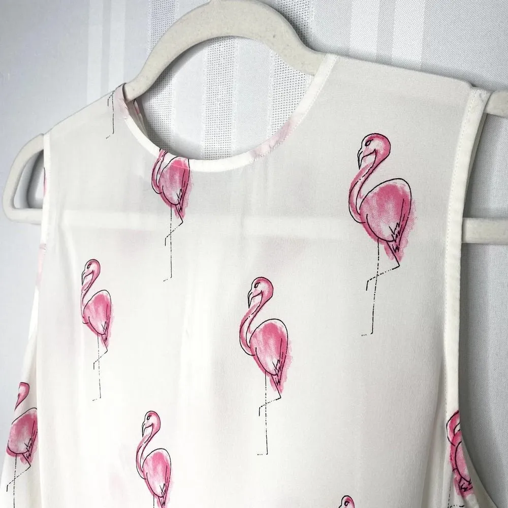 Equipment Lyle Flamingo Print Silk Sleeveless Watercolor Top White Pink Small - Image 3