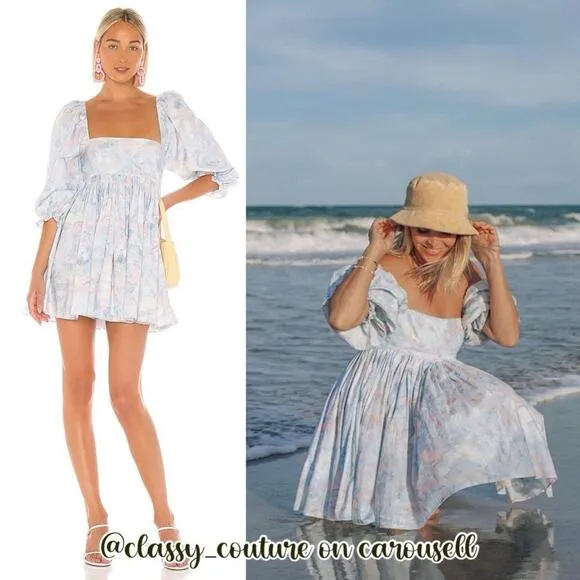 Selkie Monet Print Puff Mini Dress Pastel Watercolor Preppy NEW Womens Small Blue - Image 2