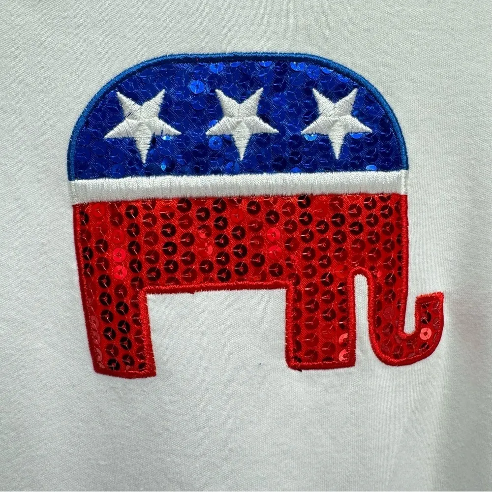 Sequined GOP Elephant White 3/4 Sleeve Cotton Top by Peanut Butter & Jelly Size L - Image 3