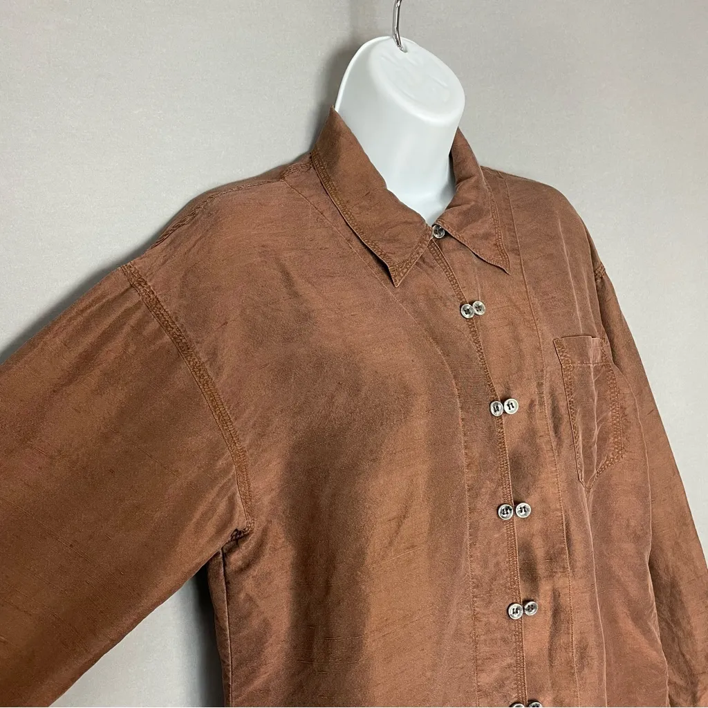 Vintage Jonathan Martin‎ Silk Top Blouse Long Sleeve Double Button Size Small Brown - Image 5