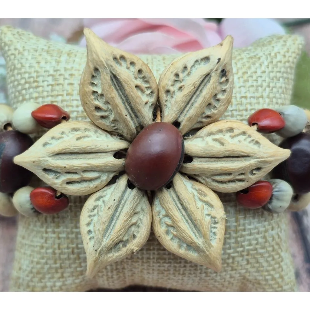 Vintage Jewelry Bracelet Seed Pod Floral Wooden Handmade One Size Slide Closure - Image 3