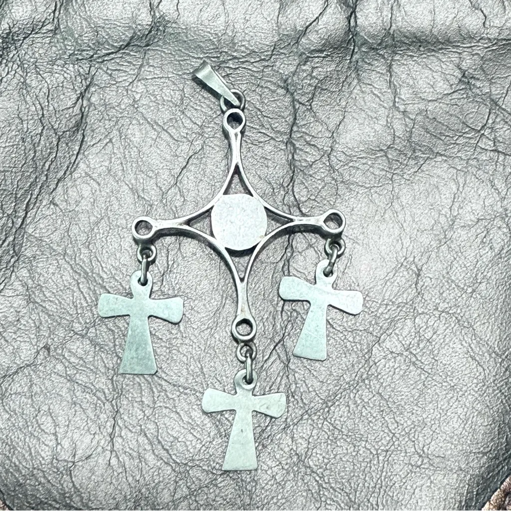 Vintage Mexican Artisan Alpaca Silver Cross Pendant Dichroic Glass Folk Art‎ - Image 6