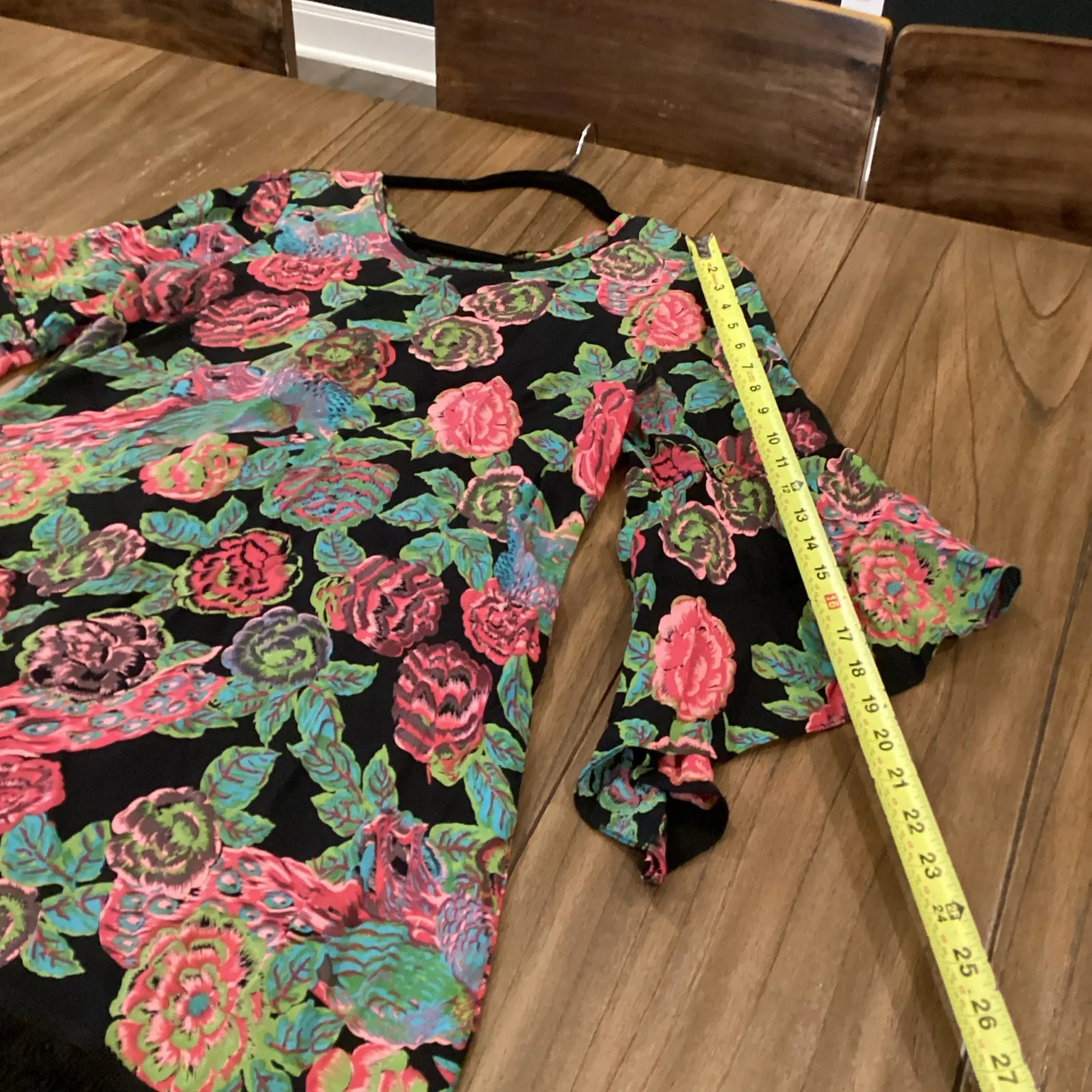 Uncle Frank black and floral fringe tunic bell sleeve short dress M - Image 3