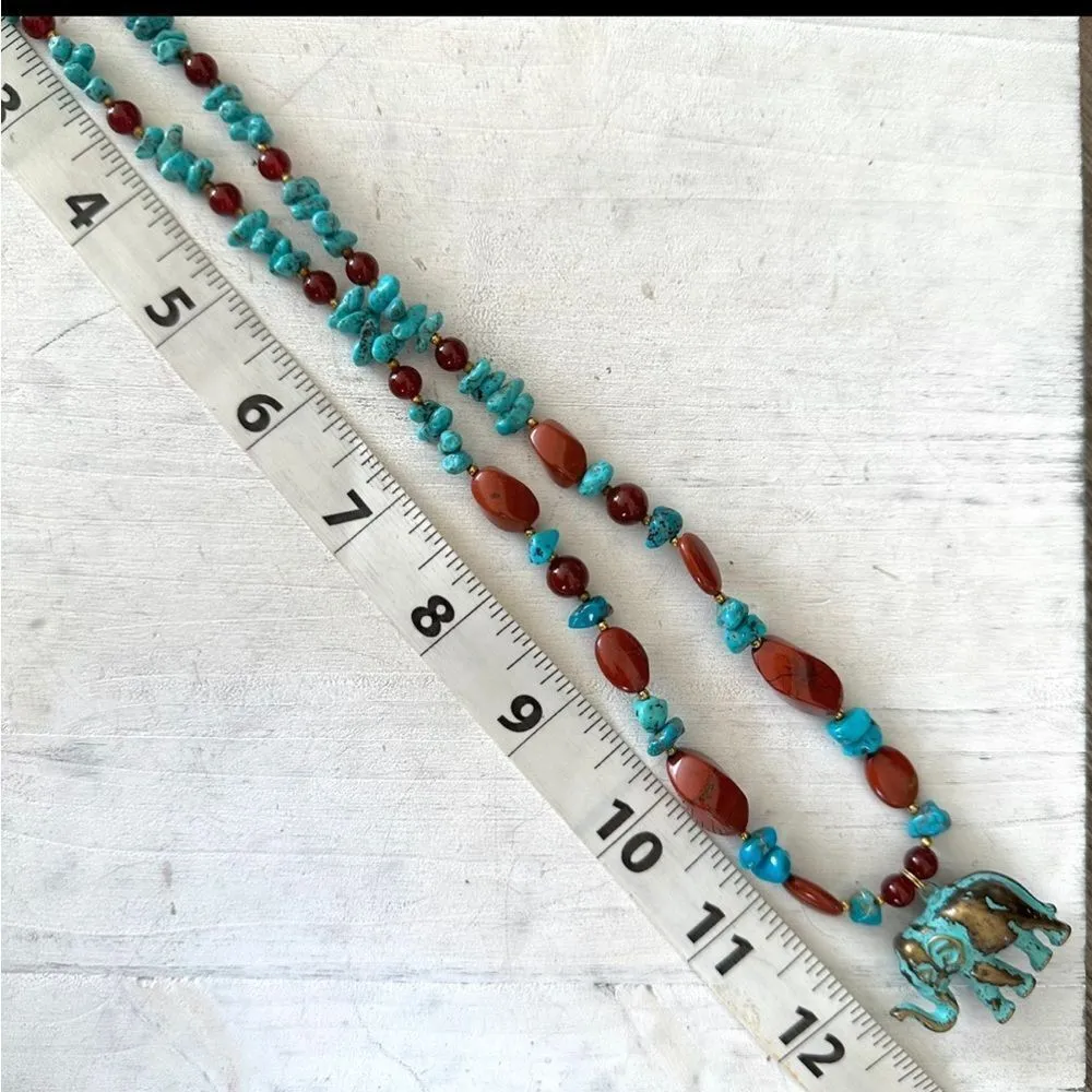 Brass elephant pendant necklace with carnelian, turquoise and red jasper beads - Image 4