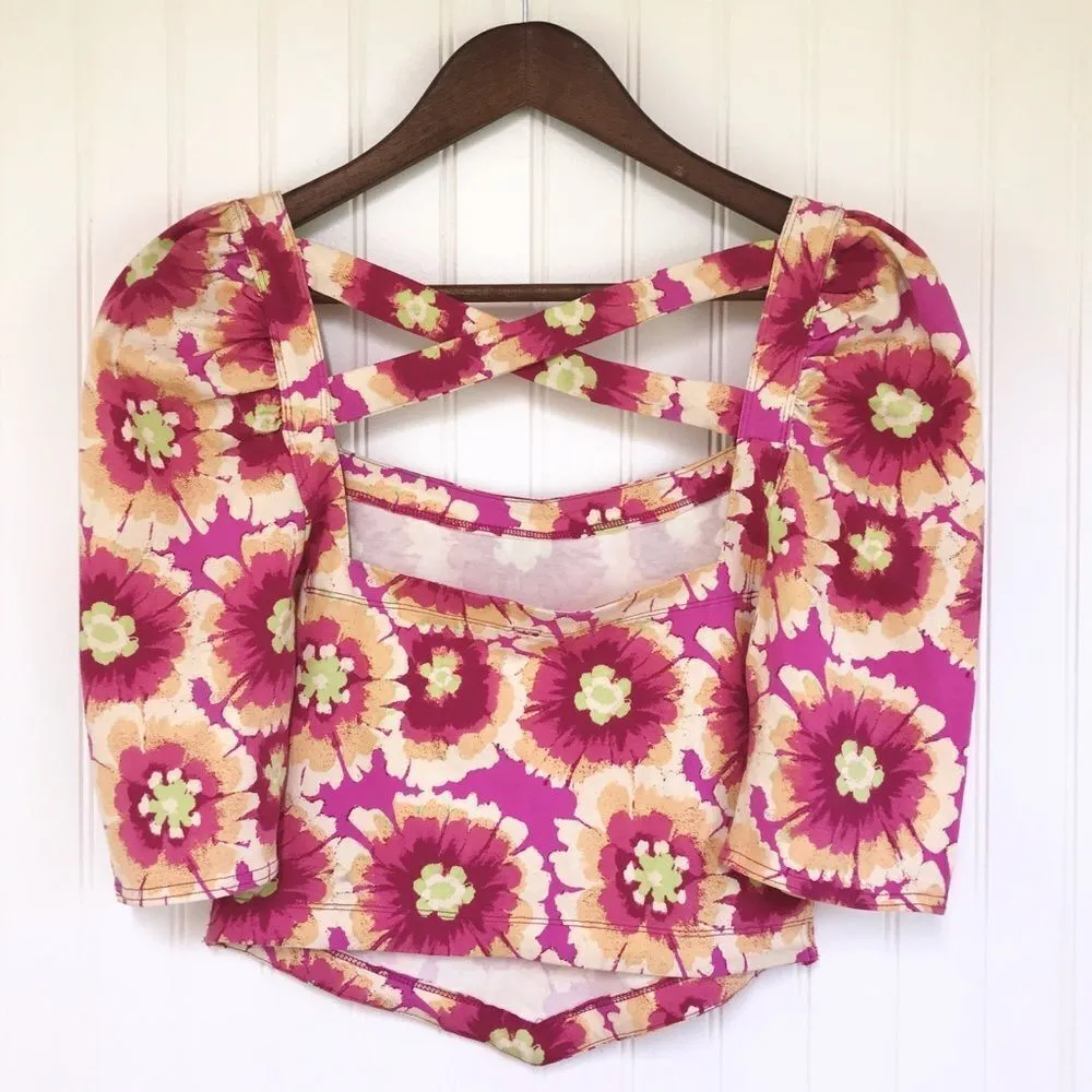 FREE PEOPLE Give‎ Me More Floral Crop Top Puff Sleeve Crisscross Back Small - Image 2
