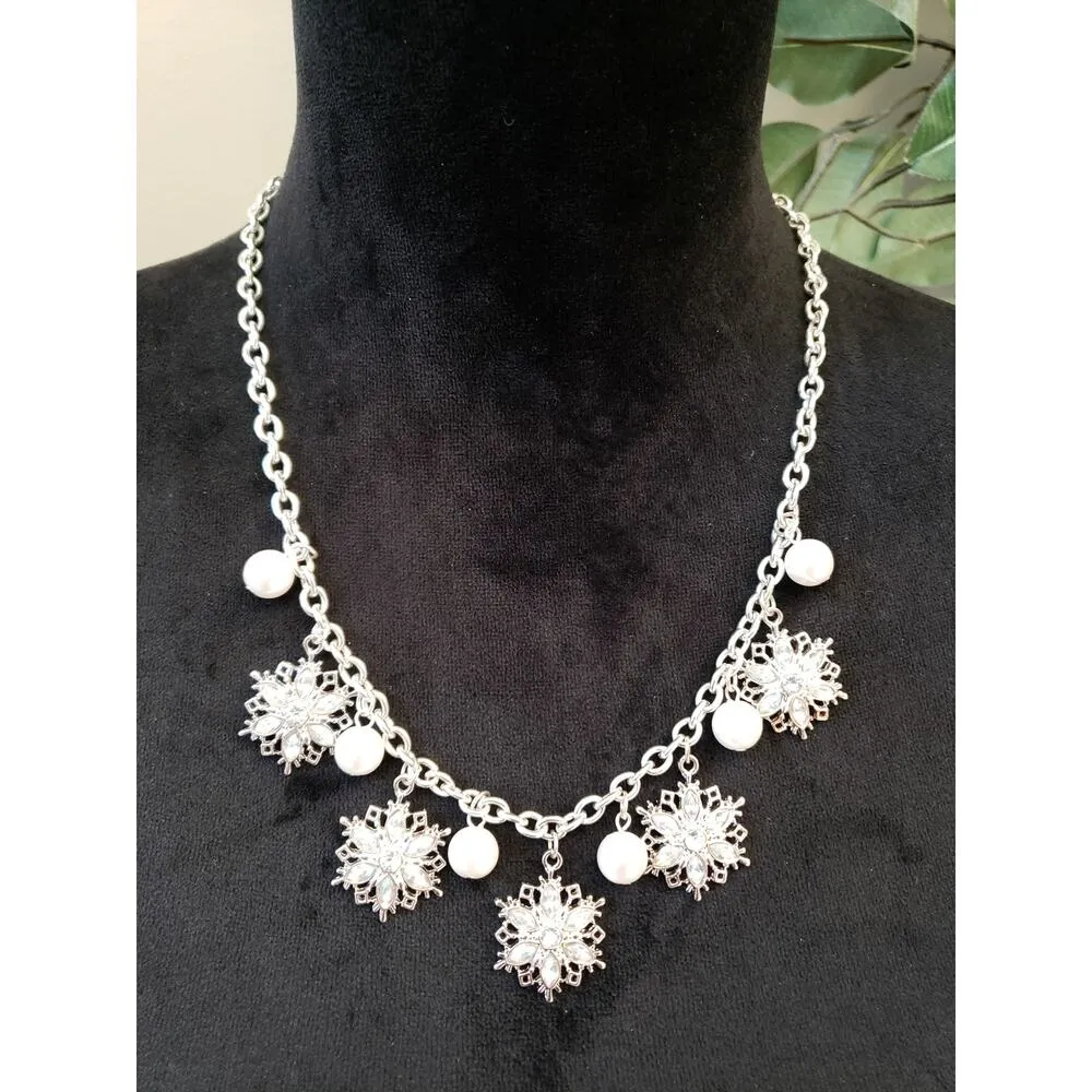 Silver Snowflake Charm Necklace with Faux Pearls and Crystals Adjustable Chain - Image 3