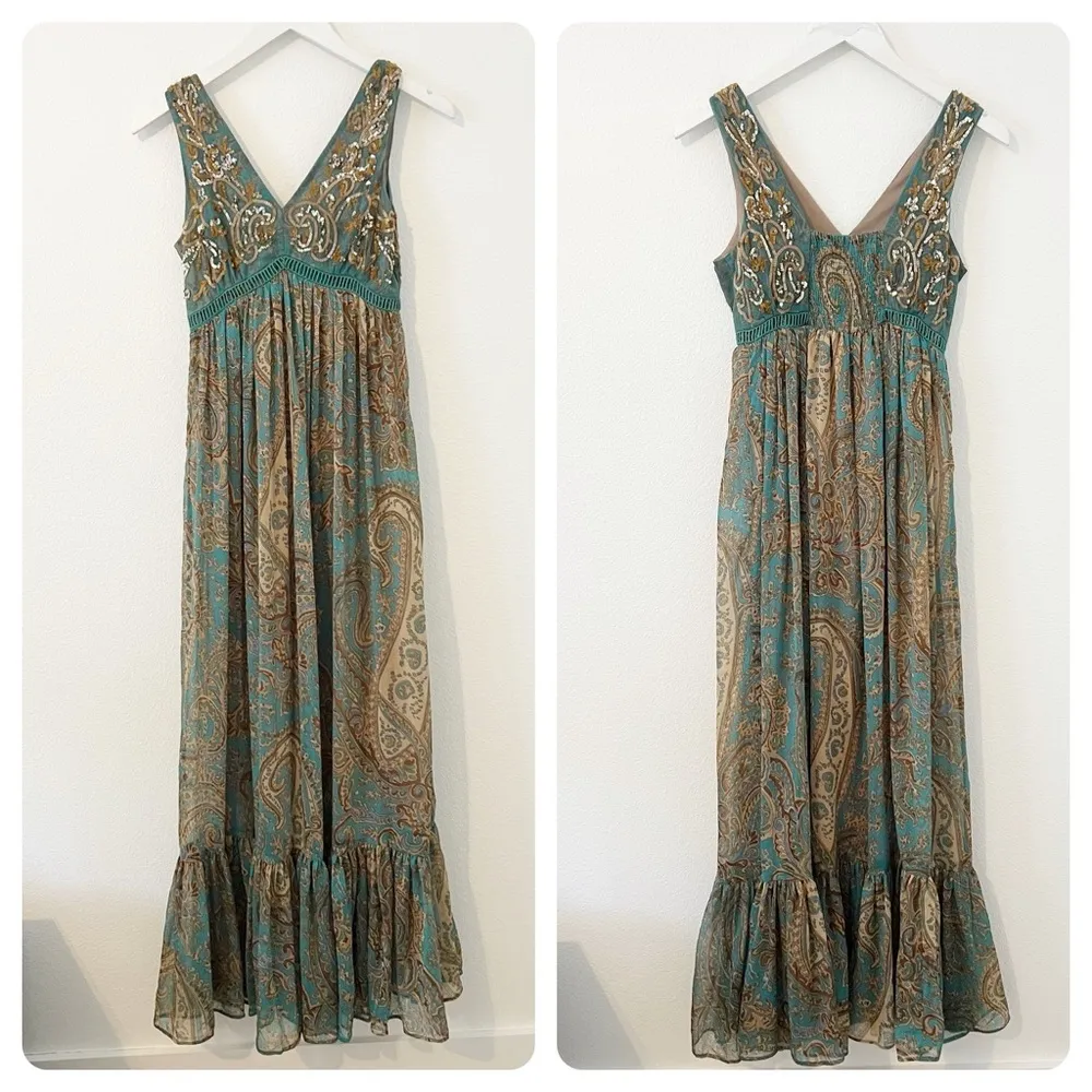 Anthropologie Ranna Gill Beaded Sequin
Paisley Teal Maxi Dress Size 0 - Image 3
