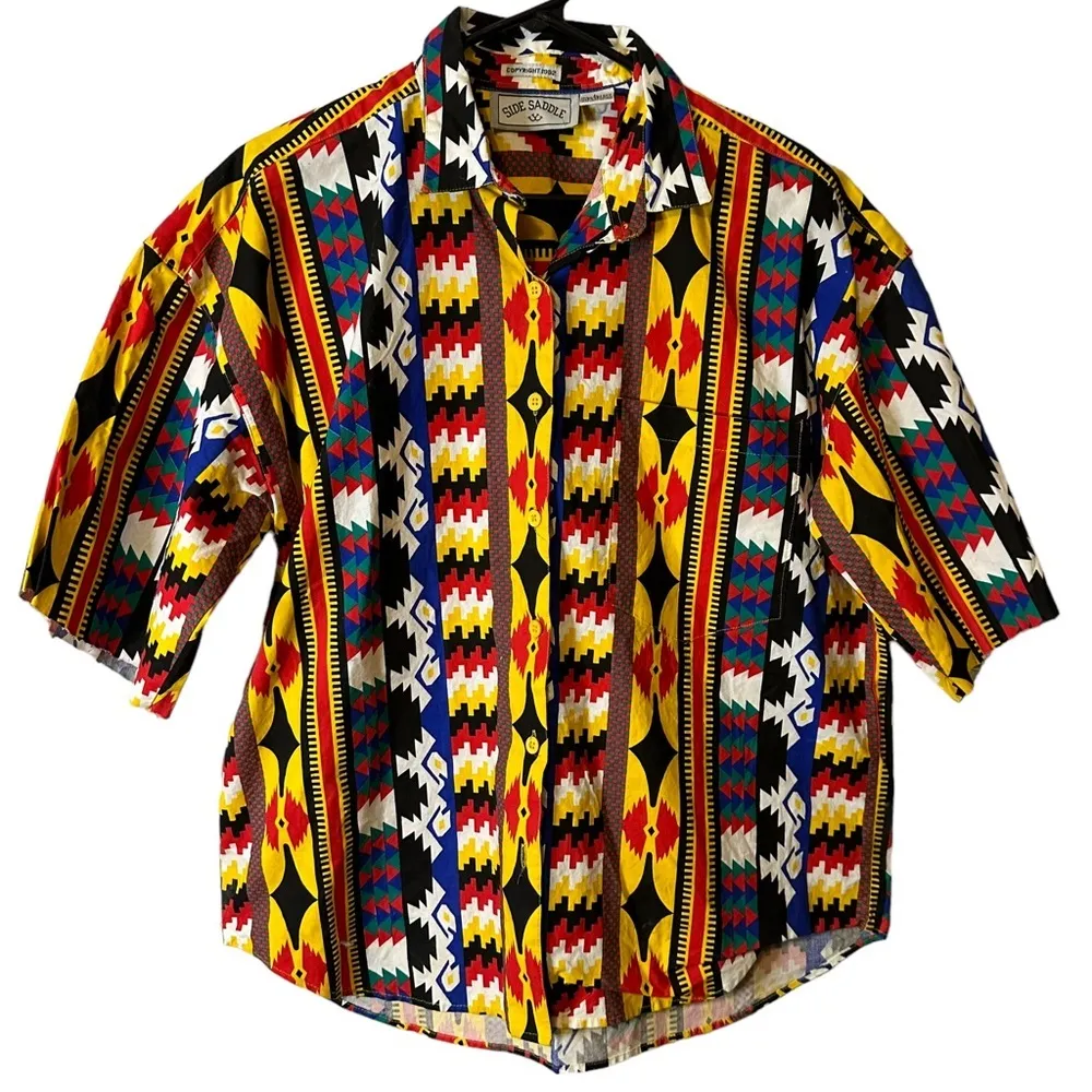 Vintage Side Saddle 100% Cotton Cutoff Sleeves Button Up Top Western Size Large Black - Image 5