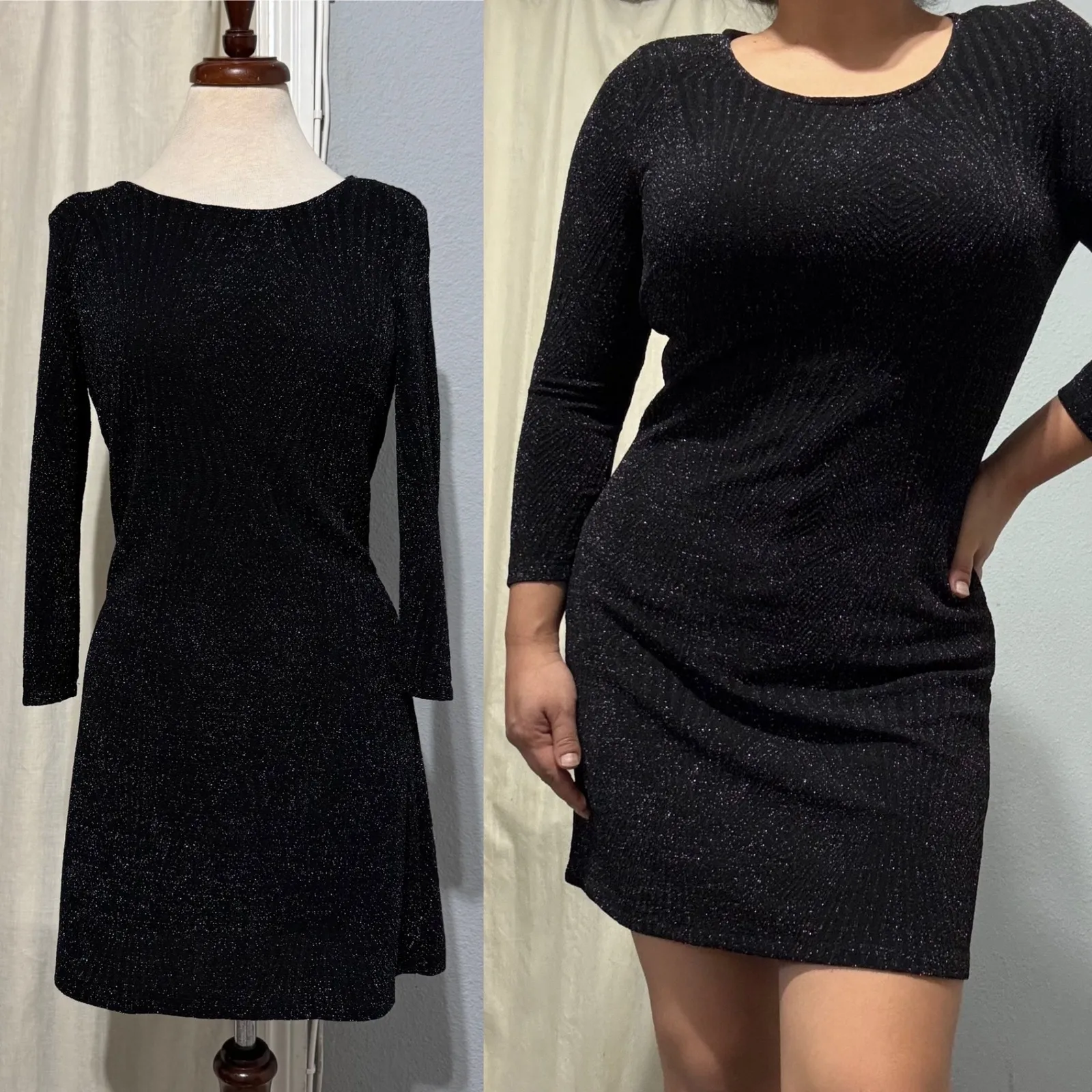 Trixxi Black & Silver Shimmer Sparkle Long Sleeve Mini Bodycon Dress Women M Size M - Image 2