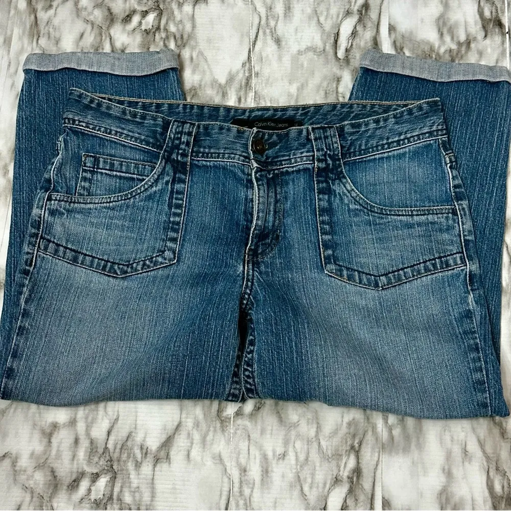 Calvin Klein Blue Ankle Cropped Jeans Sz 14 Normcore Cuffed Comfy Denim Med Wash - Image 2