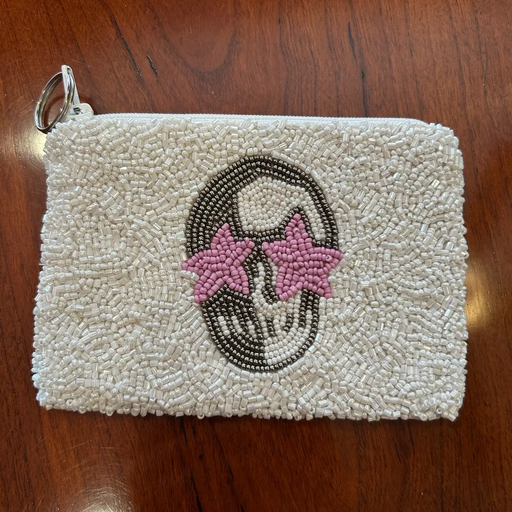 NWOT Tiana NY White Gray Skull & Pink Star Beaded Coin Purse Pouch - Image 3