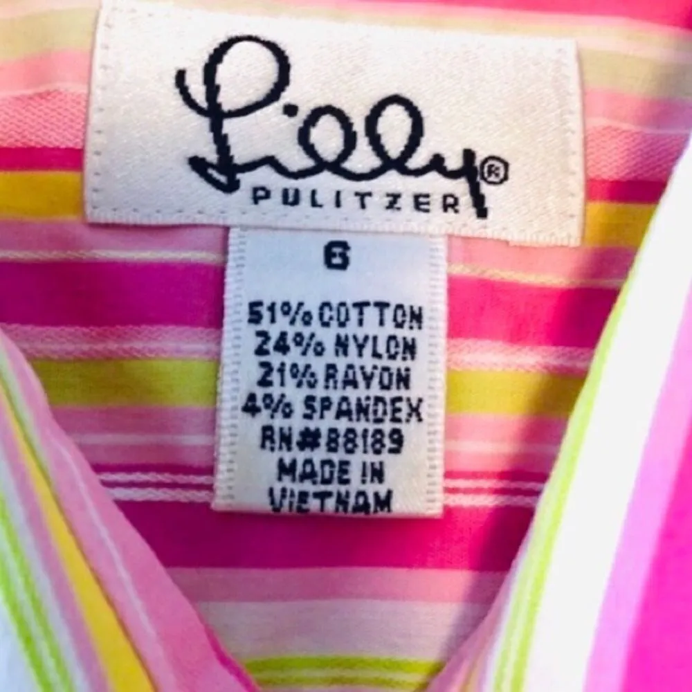 Lilly Pulitzer Striped Button Down Cuffed Shirt Size 6 Hot Pink Green Vintage - Image 3