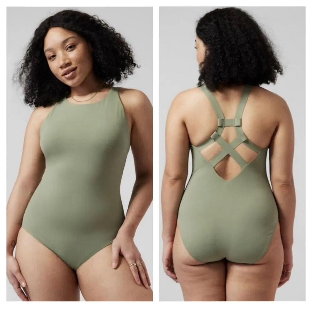 NWT Athleta Palm One Piece Swimsuit Small Green Strappy Back Modest Coverage - Image 7
