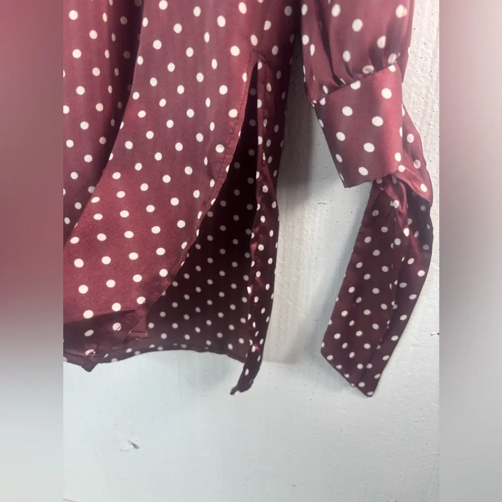 Zara L Babydoll Polka Dot Button Front Tunic Top in Burgundy - Image 8