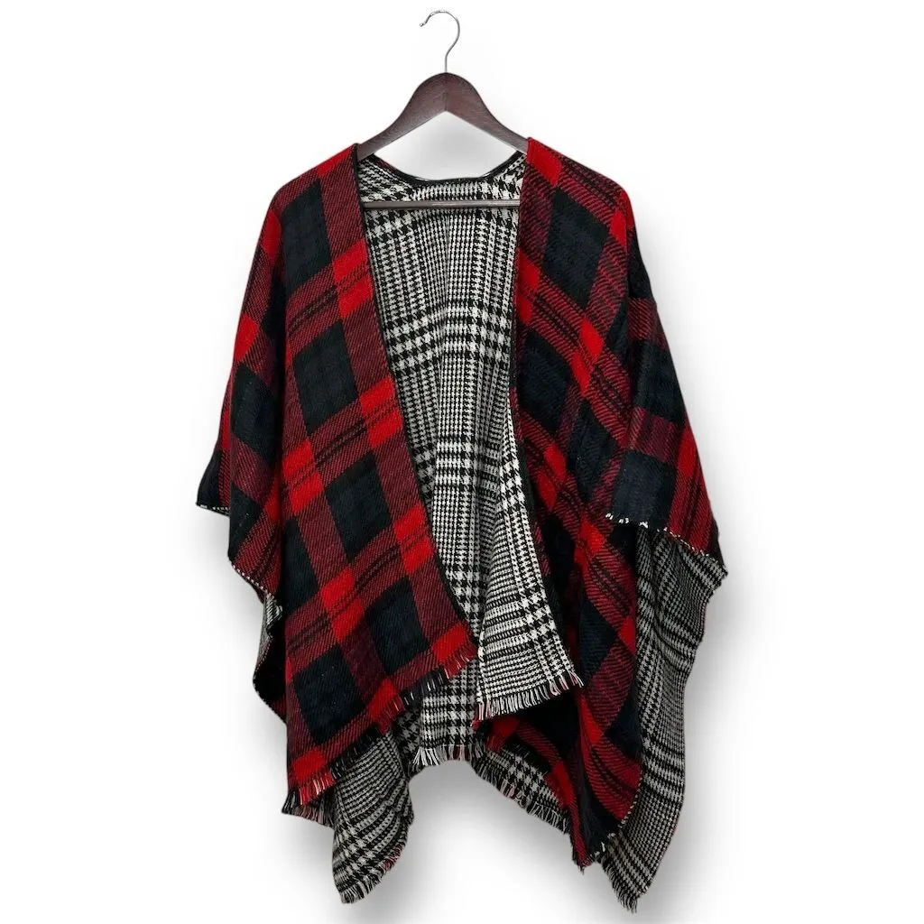 Women's Reversible Tartan Plaid Poncho Multicolor Holiday Festive Cozy - Image 3
