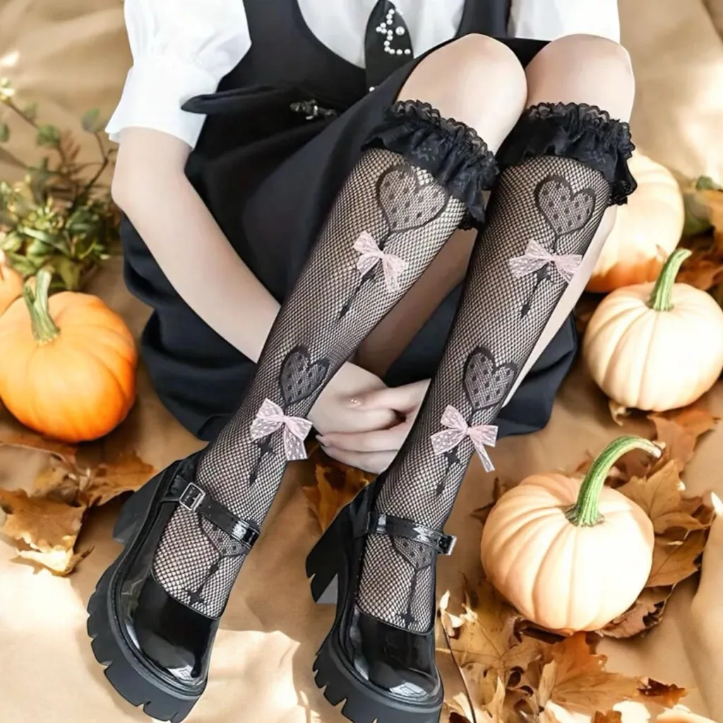 Black Lolita Style Calf Socks Lace‎ Trim Polyester Knit Fabric Socks One Size - Image 4