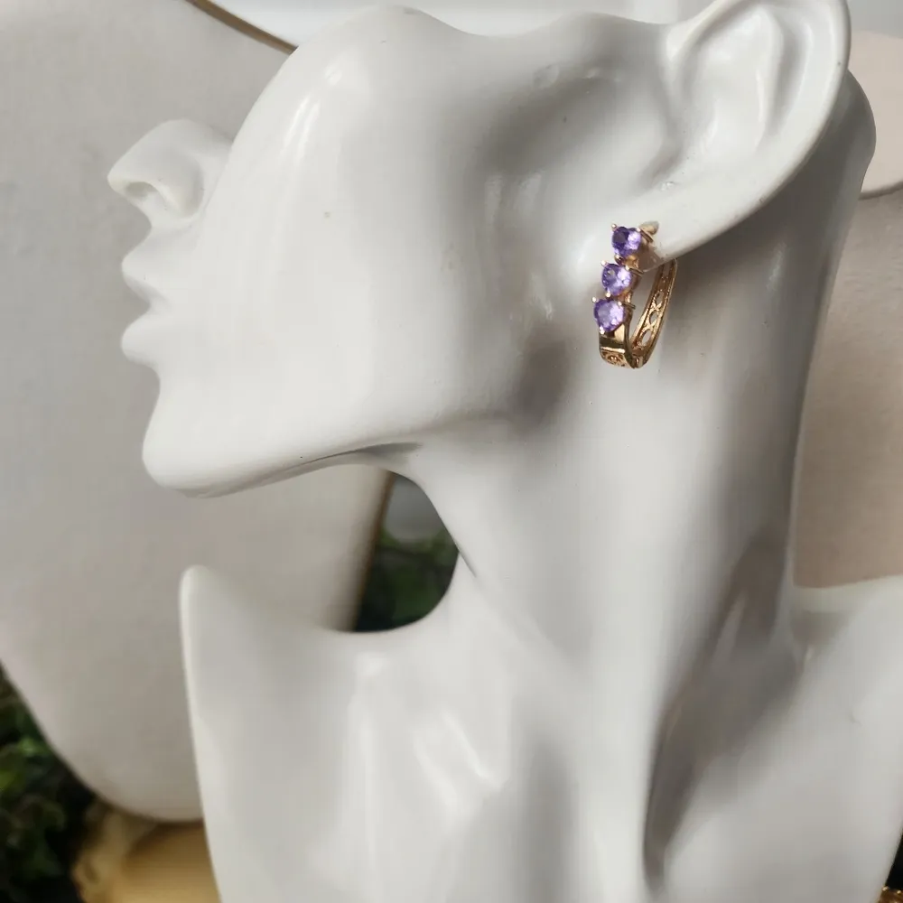 Gold Filled Oval Hoop Earrings Amethyst Purple Crystal Heart Stones - Image 7