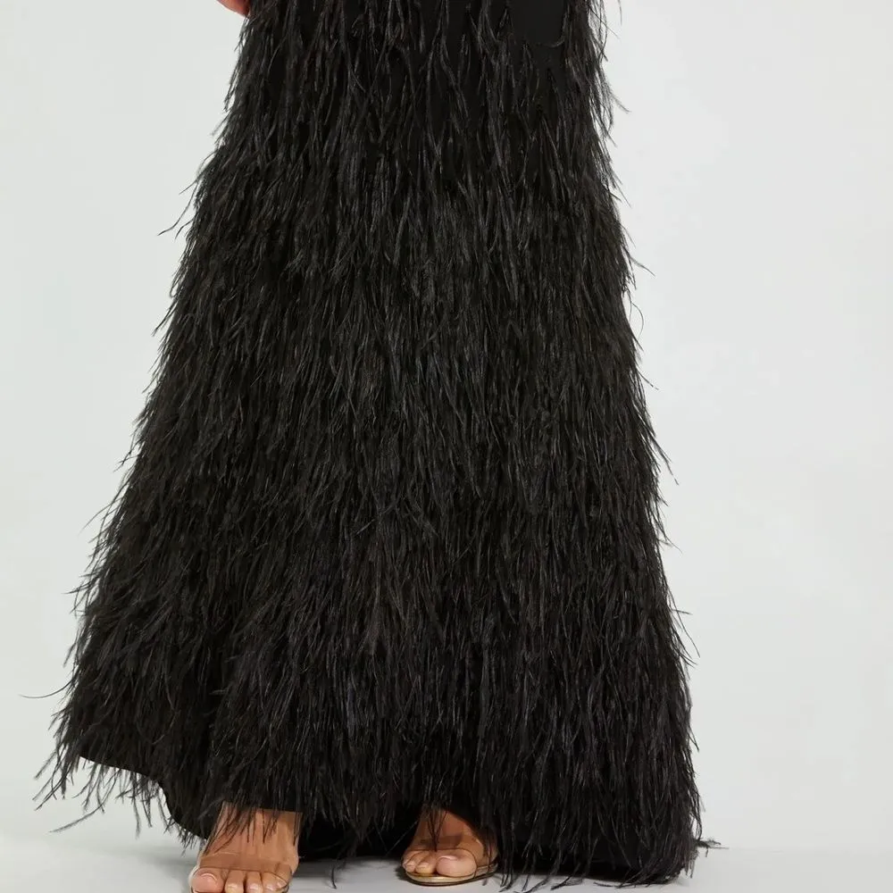 MAC DUGGAL  11839 Black Jersey Long Sleeve High Neck Feather Gown - Image 8