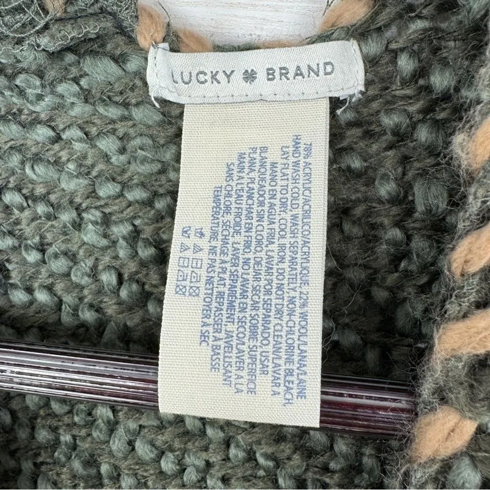 Lucky Brand Boho‎ Fringe Hem Kimono Sweater Chunky Poncho Cardigan Olive Green - Image 10
