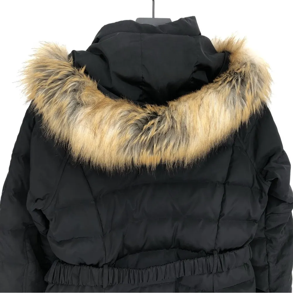 JONES NEW YORK Belted Puffer Jacket Faux Fir Trim Black M - Image 13
