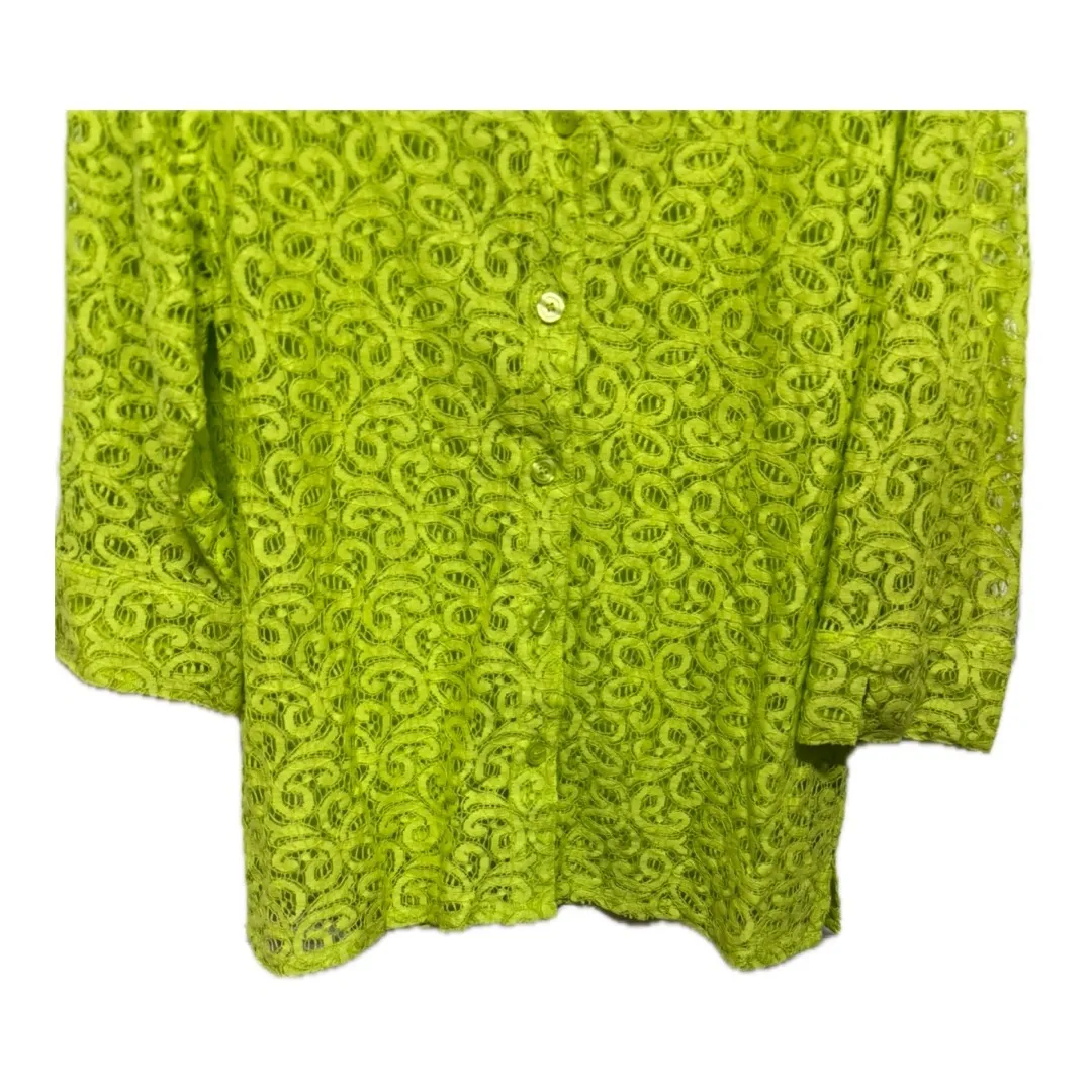 Neon Green Yellow Lace Button Up Coverup Long Sleeve Formal Size XL Business - Image 3
