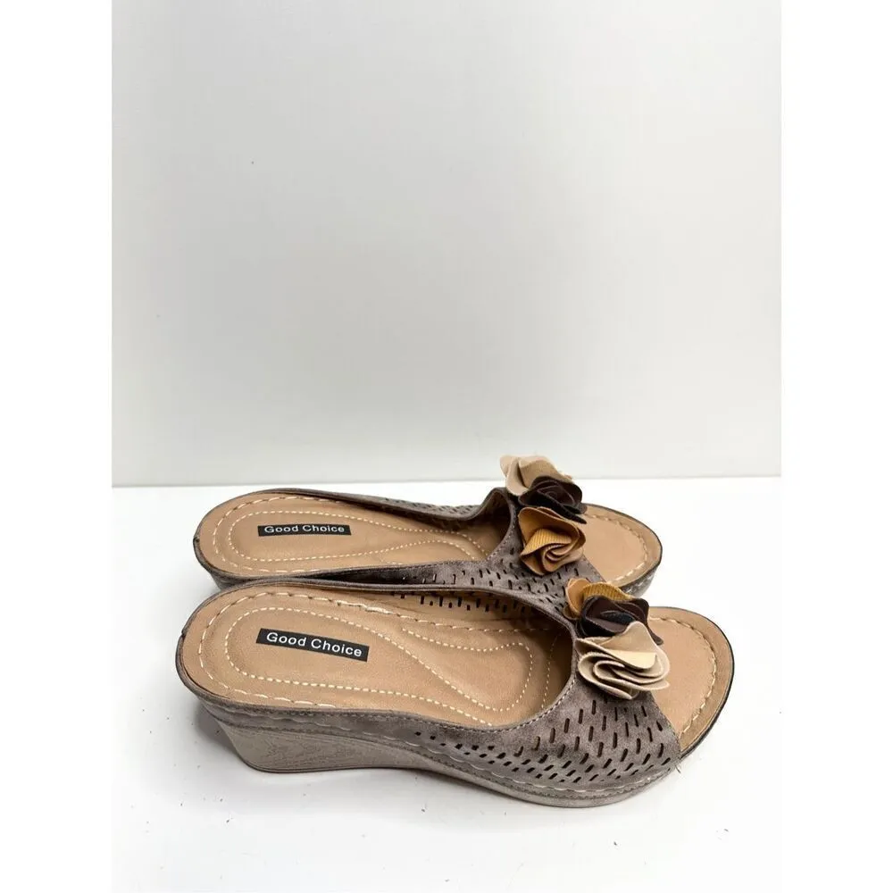 Good Choice Womens Size 8 Peep Toe Floral Casual Wedged‎ Juliet Sandals New Tan - Image 3