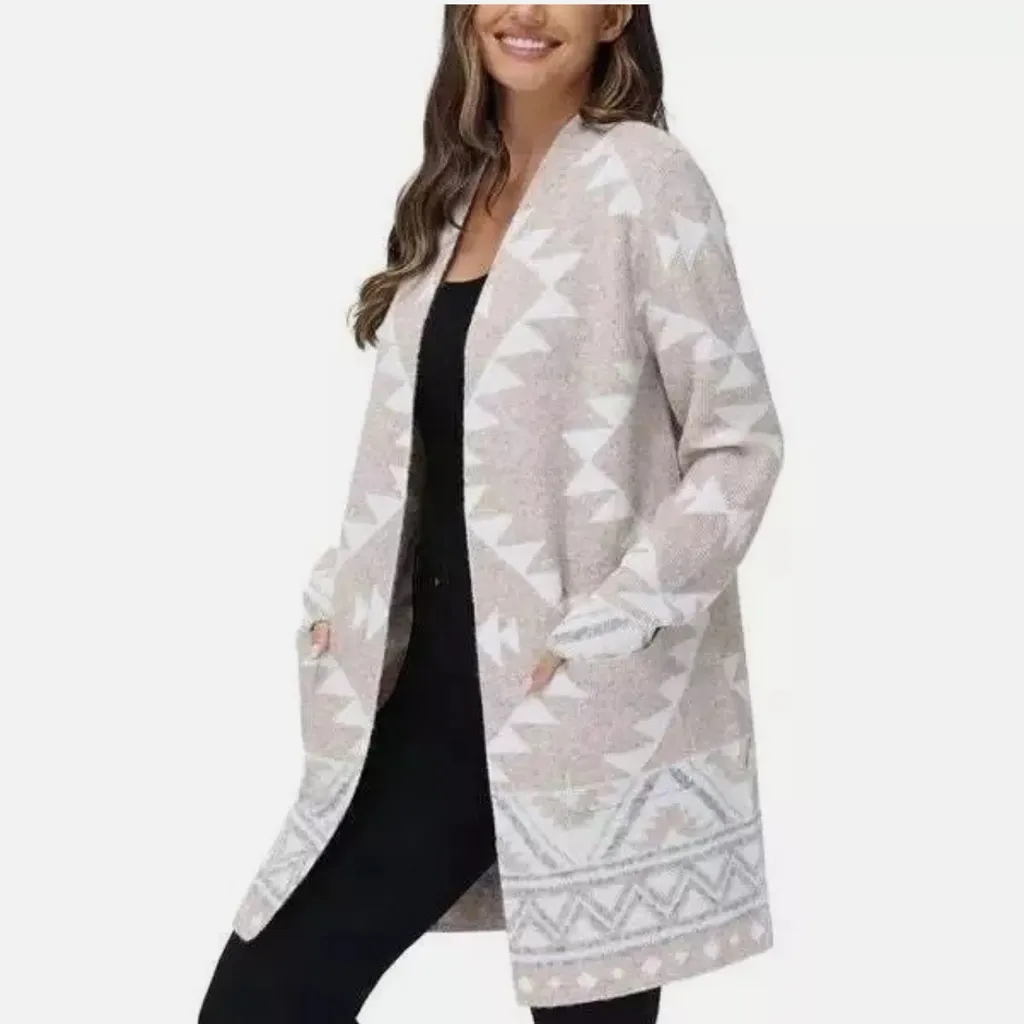 Frye Oatmeal Combo Cozy Comfy Soft Knit Geometric Print Cardigan Small New NEW‎ - Image 2