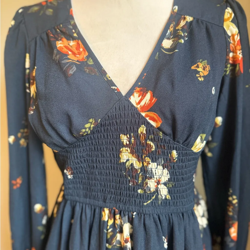Navy Floral Mini Dress long sleeve cottage core boho whimsigoth xs smocked vneck - Image 2