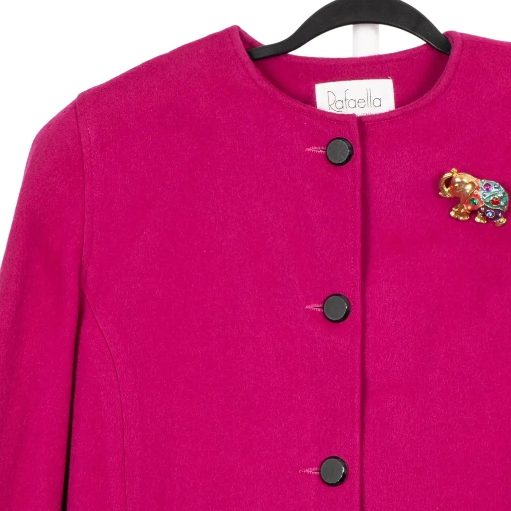 Rafaella VTG Wool Jacket 4 Women Pink Magenta Elephant Brooch Italy Short Button - Image 2