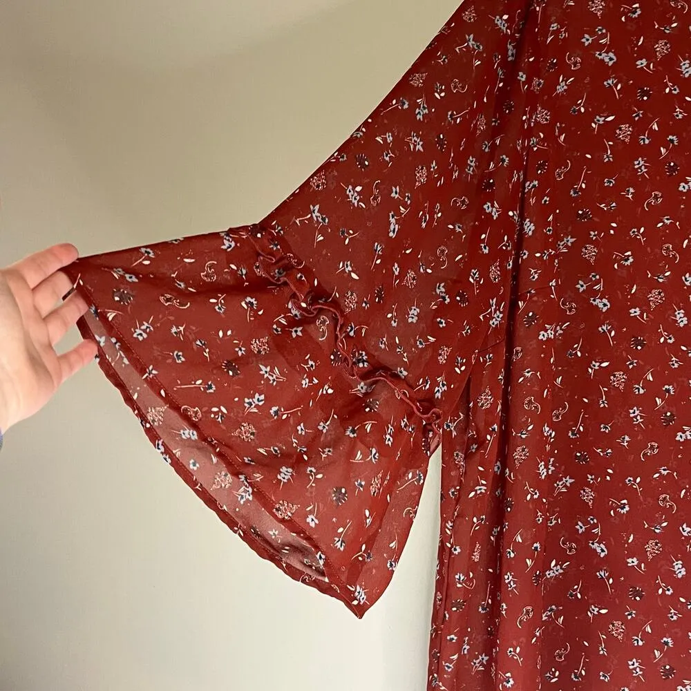 Lane Bryant Burnt Red Sheer Floral 3/4 Sleeve Blouse Size 26 - Image 6