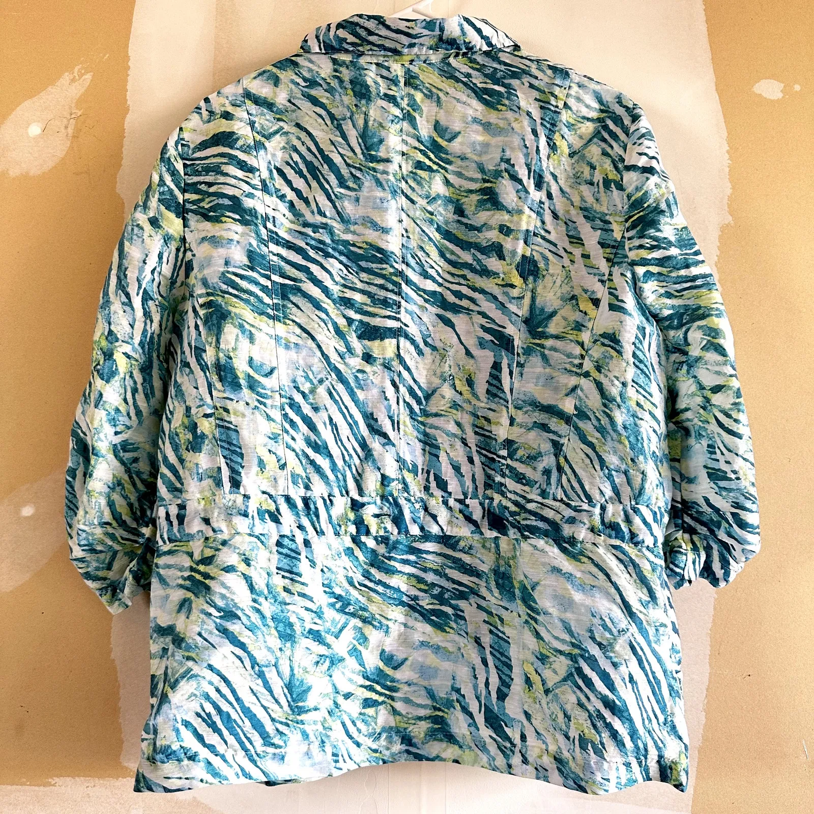 Chico's Linen Blazer Jacket Abstract Roll Up Sleeves Button Hand Pockets Blue 2 - Image 5