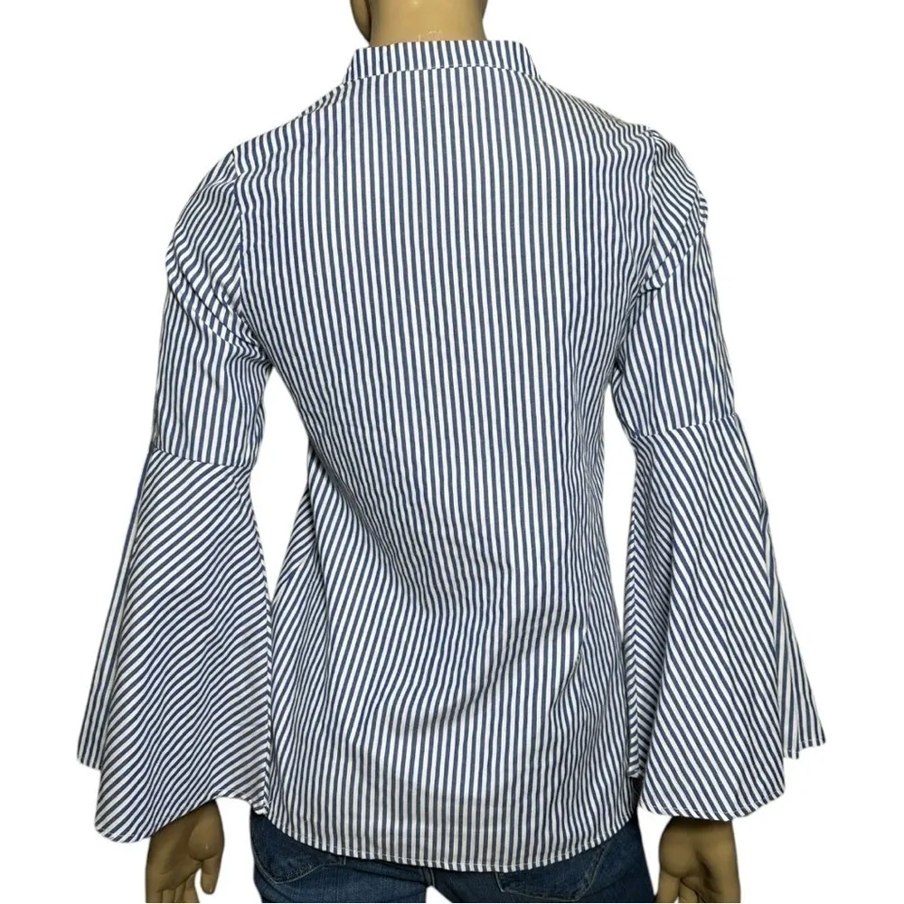 Alex Vinash Women’s Size S Navy Blue White Striped Bell Sleeve Button Down Shirt - Image 5