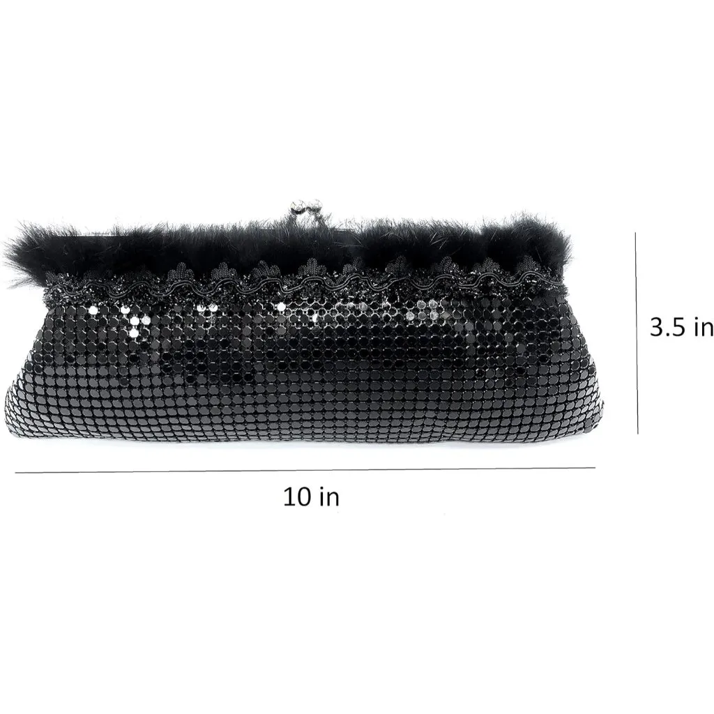 ⚡ Women's Black Fur Trim Floral Metal Kiss Lock Evening Clutch Bag - Image 3